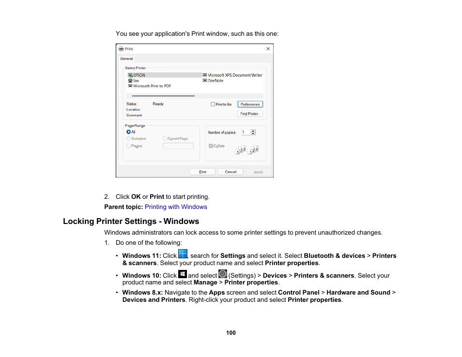Locking printer settings - windows | Epson WorkForce Pro WF-C4310 Wireless Color Printer User Manual | Page 100 / 209