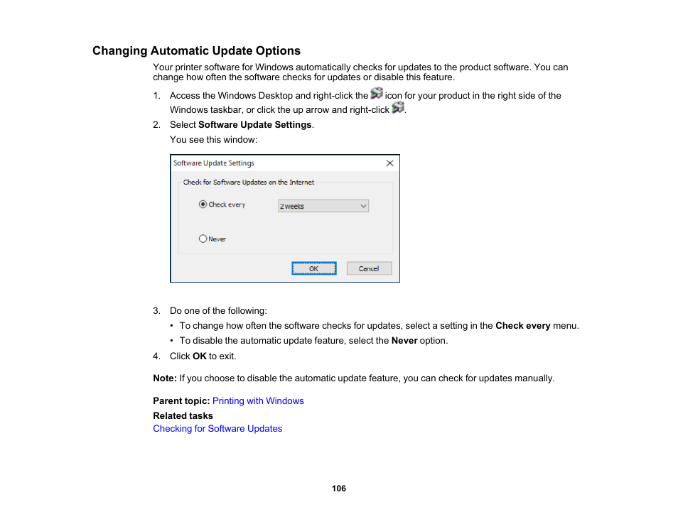 Changing automatic update options | Epson WorkForce Pro WF-C4310 Wireless Color Printer User Manual | Page 106 / 209