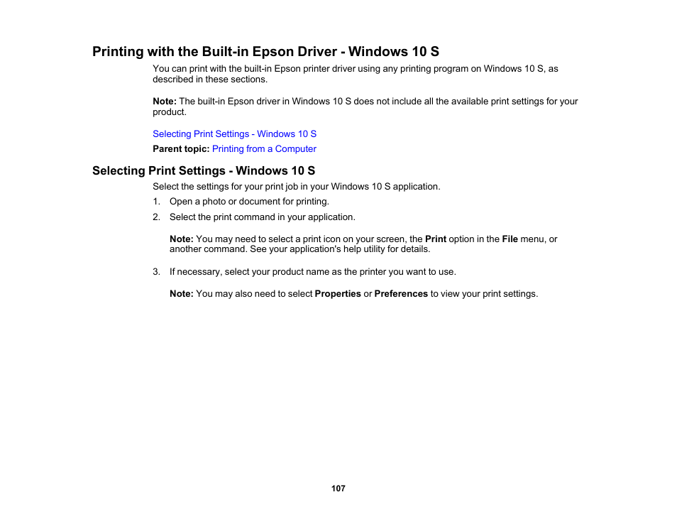 Selecting print settings - windows 10 s | Epson WorkForce Pro WF-C4310 Wireless Color Printer User Manual | Page 107 / 209