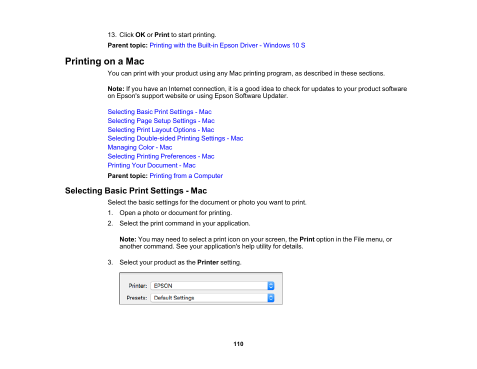 Printing on a mac, Selecting basic print settings - mac | Epson WorkForce Pro WF-C4310 Wireless Color Printer User Manual | Page 110 / 209