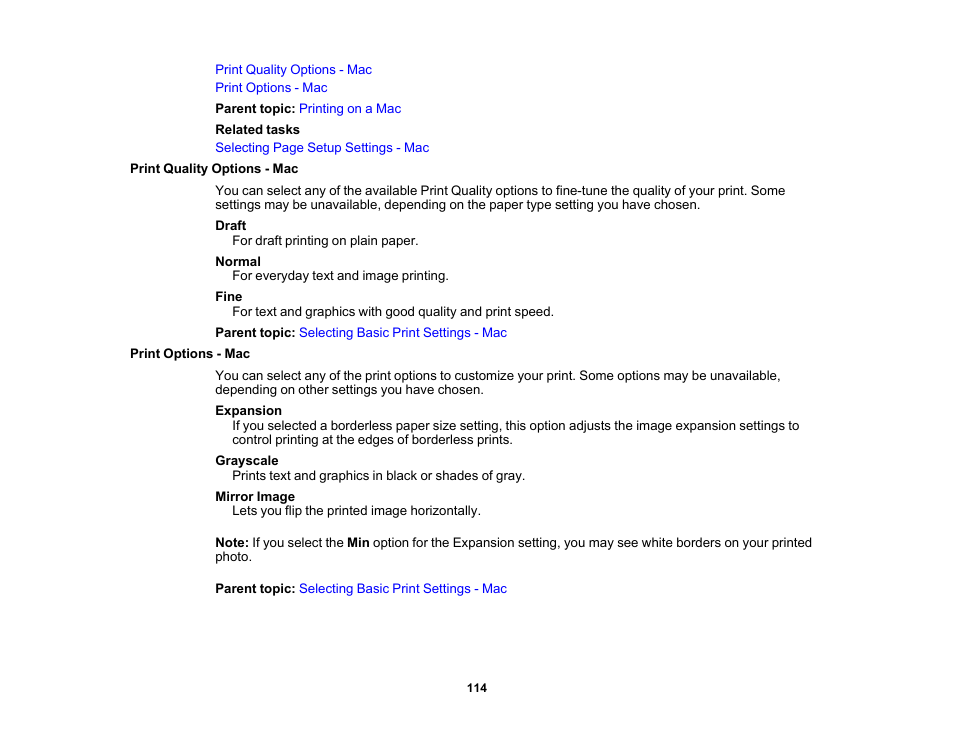 Print quality options - mac, Print options - mac, Print quality options - mac print options - mac | Epson WorkForce Pro WF-C4310 Wireless Color Printer User Manual | Page 114 / 209