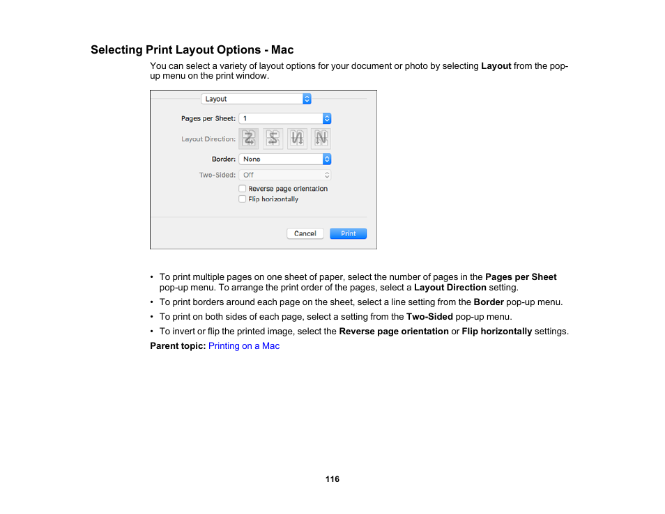 Selecting print layout options - mac | Epson WorkForce Pro WF-C4310 Wireless Color Printer User Manual | Page 116 / 209