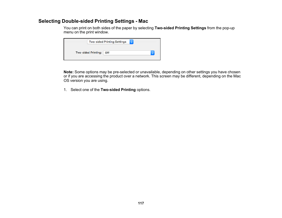 Selecting double-sided printing settings - mac | Epson WorkForce Pro WF-C4310 Wireless Color Printer User Manual | Page 117 / 209