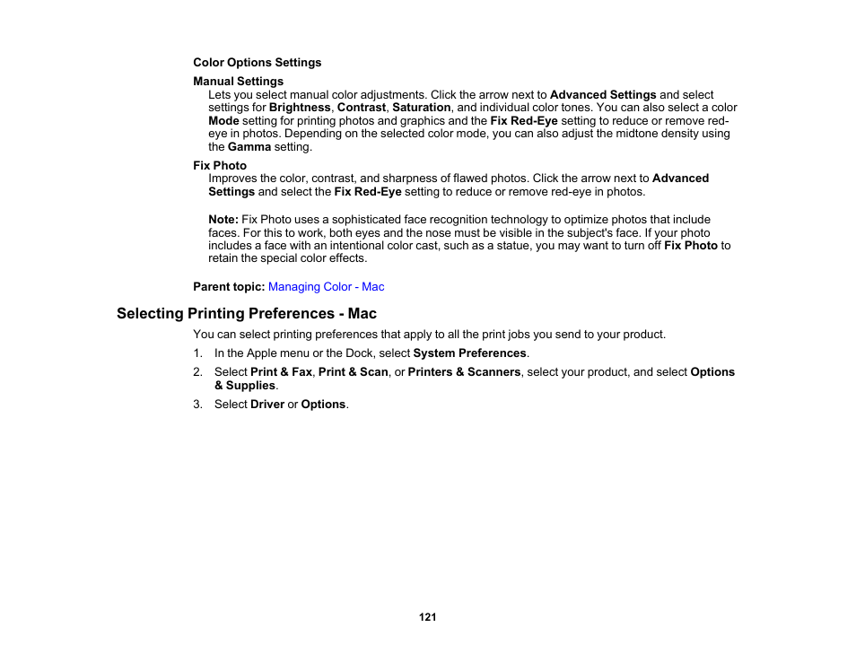 Selecting printing preferences - mac | Epson WorkForce Pro WF-C4310 Wireless Color Printer User Manual | Page 121 / 209