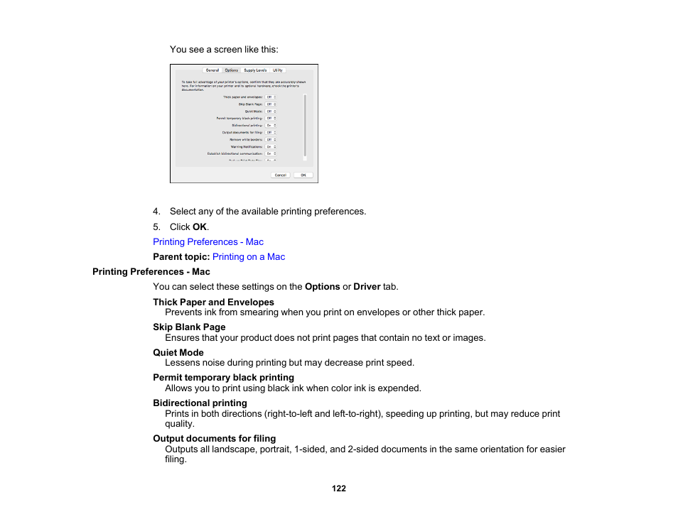Printing preferences - mac | Epson WorkForce Pro WF-C4310 Wireless Color Printer User Manual | Page 122 / 209