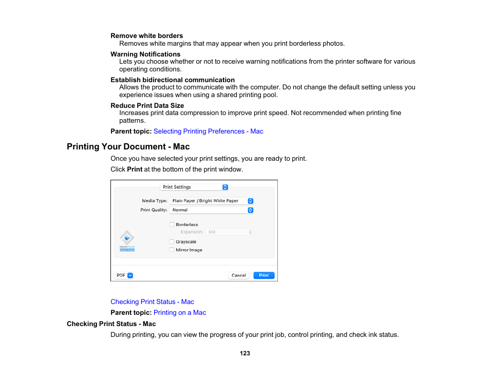 Printing your document - mac, Checking print status - mac | Epson WorkForce Pro WF-C4310 Wireless Color Printer User Manual | Page 123 / 209