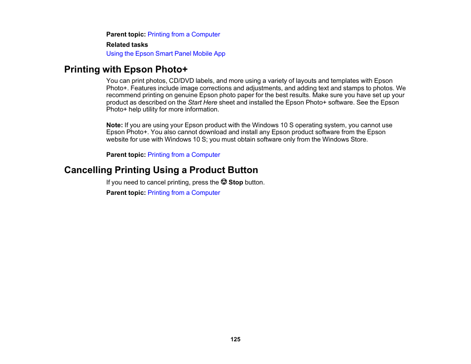 Printing with epson photo, Cancelling printing using a product button | Epson WorkForce Pro WF-C4310 Wireless Color Printer User Manual | Page 125 / 209