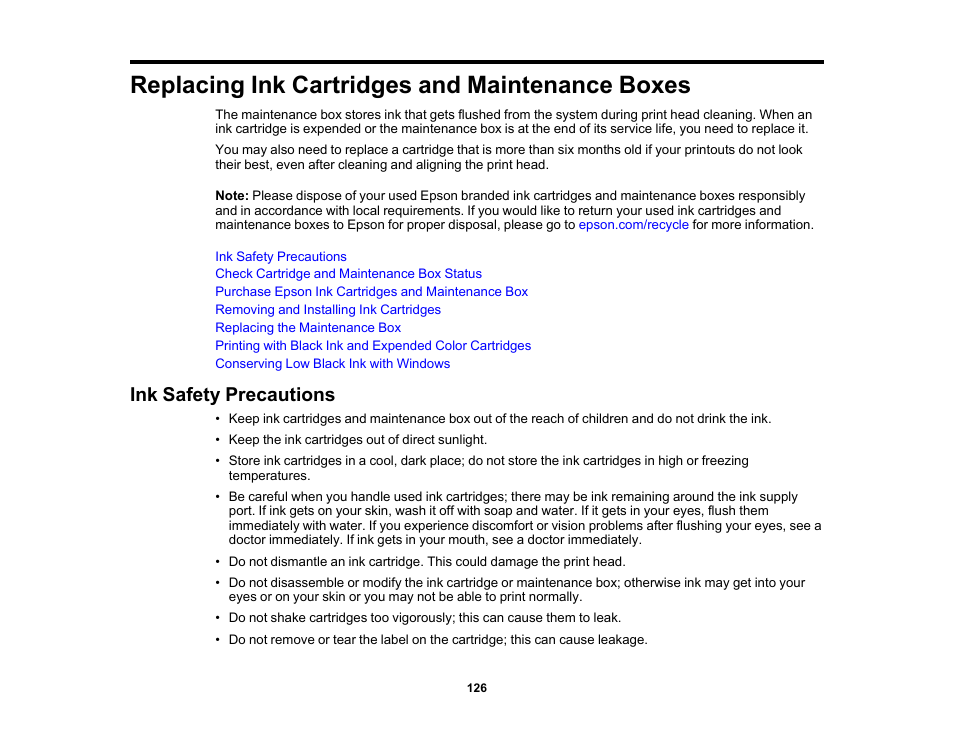 Replacing ink cartridges and maintenance boxes, Ink safety precautions | Epson WorkForce Pro WF-C4310 Wireless Color Printer User Manual | Page 126 / 209