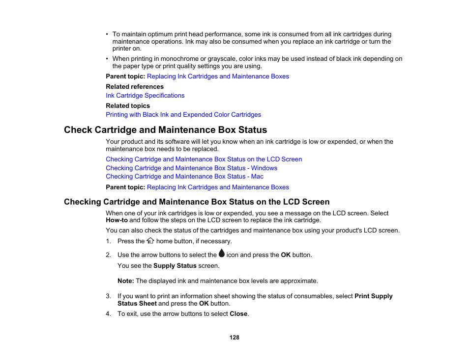 Check cartridge and maintenance box status | Epson WorkForce Pro WF-C4310 Wireless Color Printer User Manual | Page 128 / 209