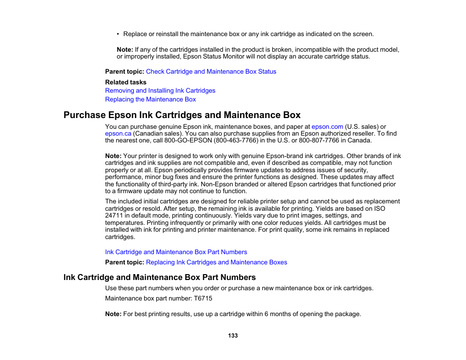 Purchase epson ink cartridges and maintenance box, Ink cartridge and maintenance box part numbers | Epson WorkForce Pro WF-C4310 Wireless Color Printer User Manual | Page 133 / 209