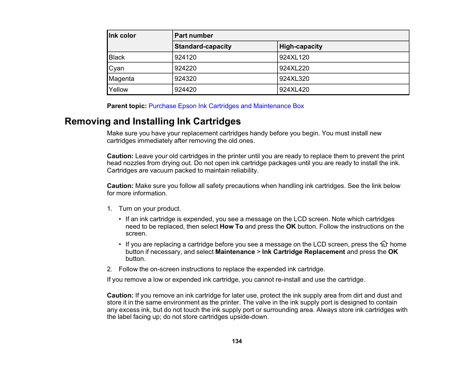 Removing and installing ink cartridges | Epson WorkForce Pro WF-C4310 Wireless Color Printer User Manual | Page 134 / 209