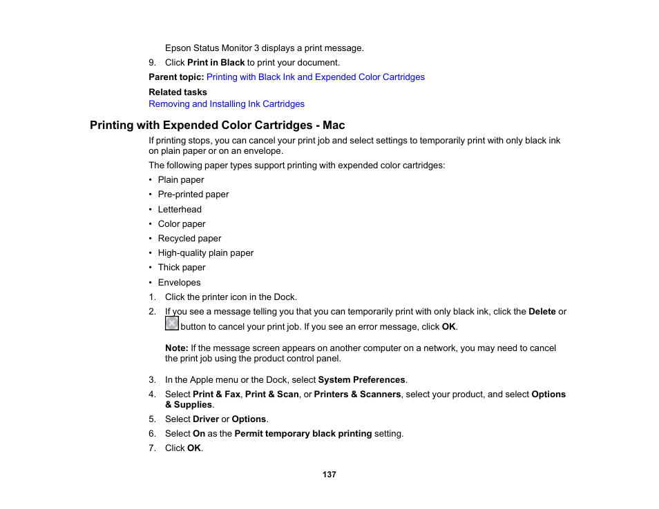 Printing with expended color cartridges - mac | Epson WorkForce Pro WF-C4310 Wireless Color Printer User Manual | Page 137 / 209