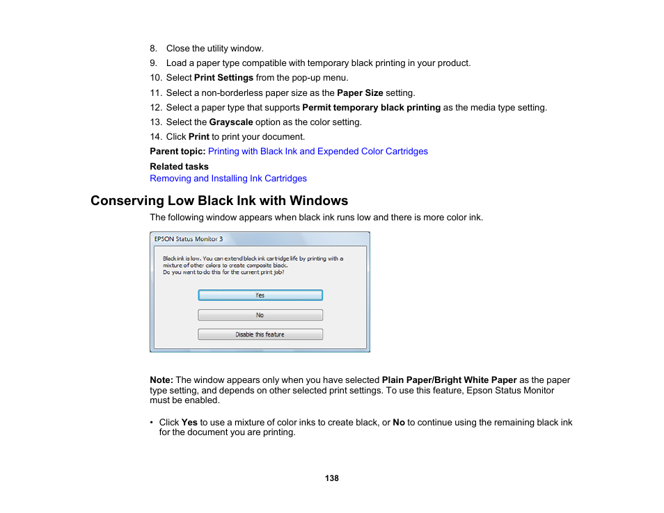 Conserving low black ink with windows | Epson WorkForce Pro WF-C4310 Wireless Color Printer User Manual | Page 138 / 209