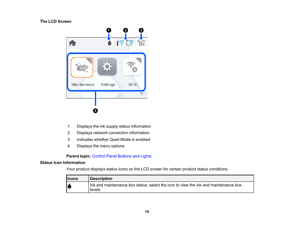 The lcd screen, Status icon information, The lcd screen status icon information | Epson WorkForce Pro WF-C4310 Wireless Color Printer User Manual | Page 14 / 209