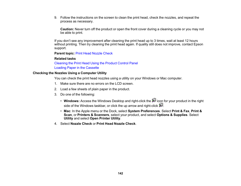 Checking the nozzles using a computer utility | Epson WorkForce Pro WF-C4310 Wireless Color Printer User Manual | Page 142 / 209