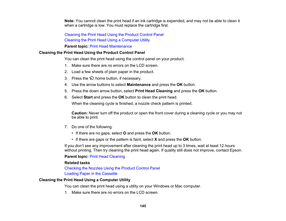 Cleaning the print head using a computer utility | Epson WorkForce Pro WF-C4310 Wireless Color Printer User Manual | Page 145 / 209