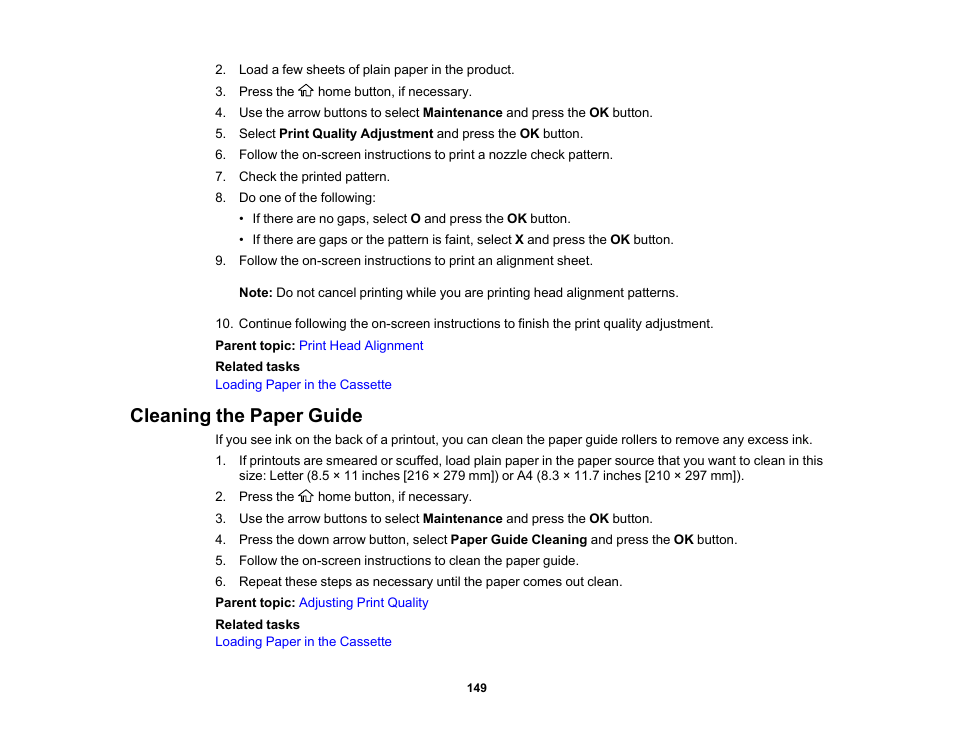 Cleaning the paper guide | Epson WorkForce Pro WF-C4310 Wireless Color Printer User Manual | Page 149 / 209