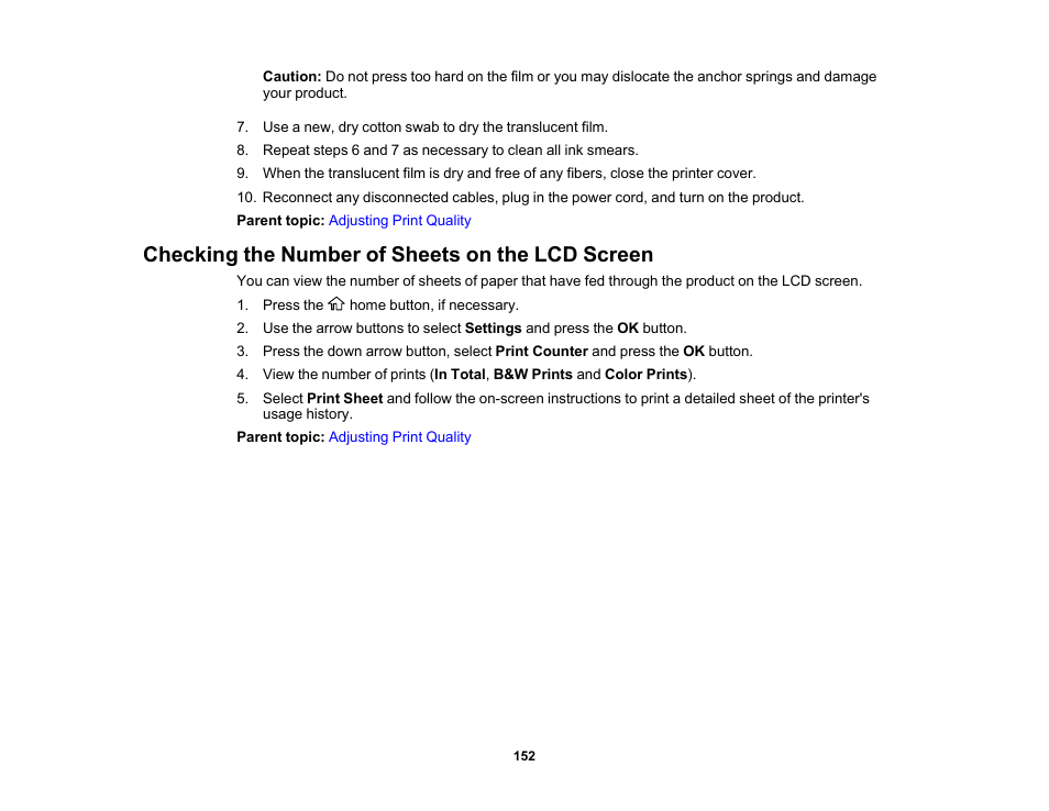 Checking the number of sheets on the lcd screen | Epson WorkForce Pro WF-C4310 Wireless Color Printer User Manual | Page 152 / 209