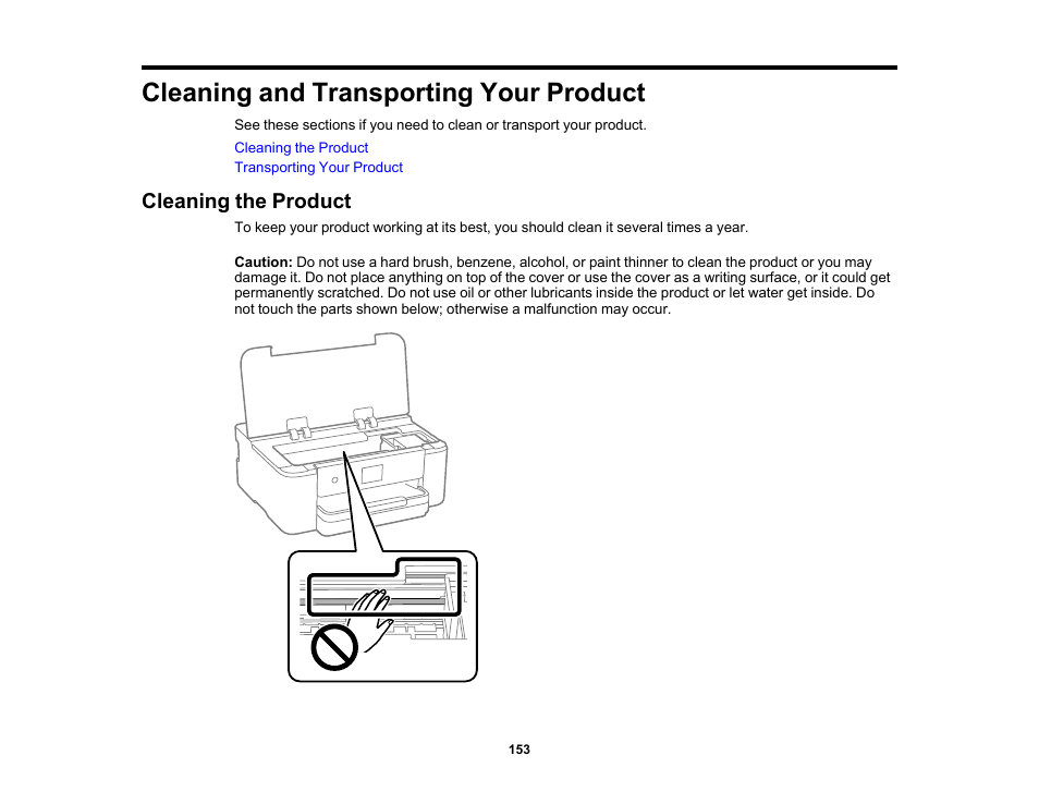 Cleaning and transporting your product, Cleaning the product | Epson WorkForce Pro WF-C4310 Wireless Color Printer User Manual | Page 153 / 209