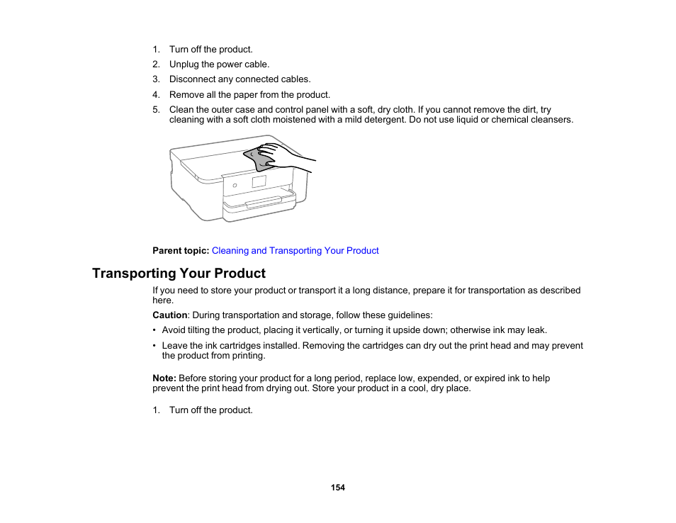 Transporting your product | Epson WorkForce Pro WF-C4310 Wireless Color Printer User Manual | Page 154 / 209