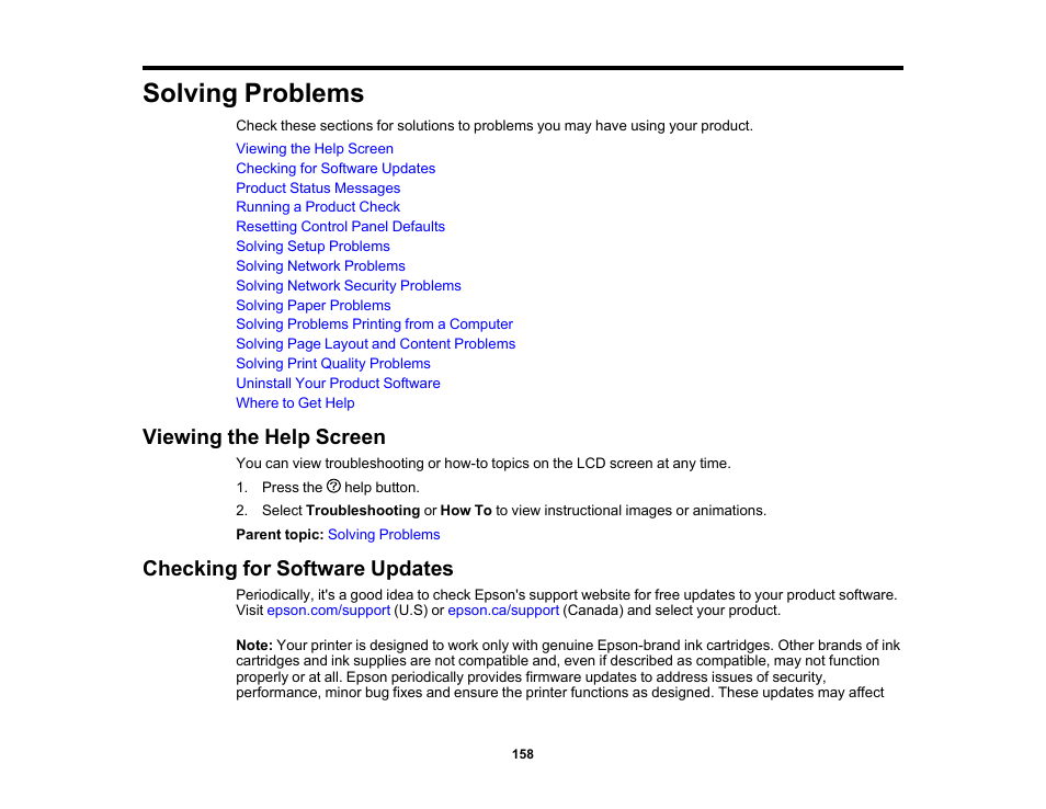 Solving problems, Viewing the help screen, Checking for software updates | Epson WorkForce Pro WF-C4310 Wireless Color Printer User Manual | Page 158 / 209