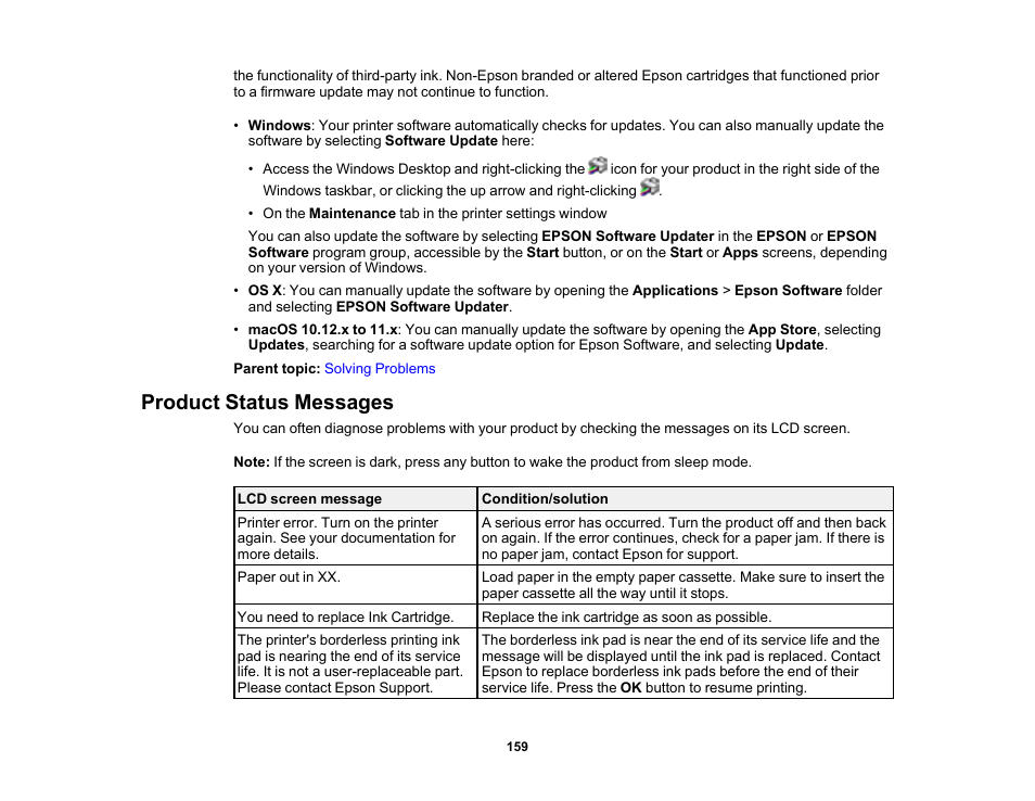 Product status messages | Epson WorkForce Pro WF-C4310 Wireless Color Printer User Manual | Page 159 / 209