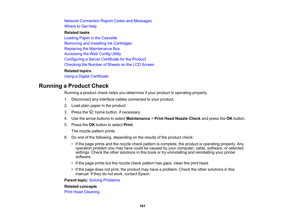 Running a product check | Epson WorkForce Pro WF-C4310 Wireless Color Printer User Manual | Page 161 / 209