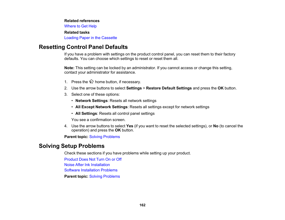 Resetting control panel defaults, Solving setup problems | Epson WorkForce Pro WF-C4310 Wireless Color Printer User Manual | Page 162 / 209