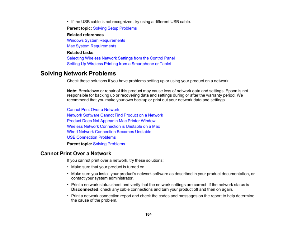 Solving network problems, Cannot print over a network | Epson WorkForce Pro WF-C4310 Wireless Color Printer User Manual | Page 164 / 209