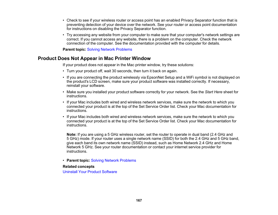 Product does not appear in mac printer window | Epson WorkForce Pro WF-C4310 Wireless Color Printer User Manual | Page 167 / 209
