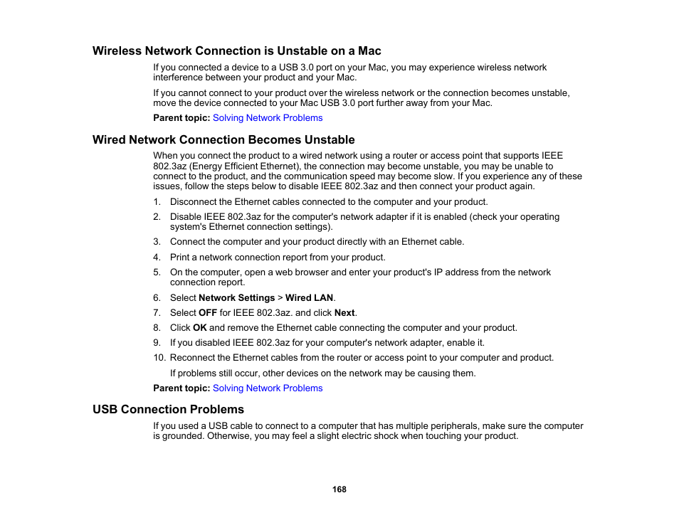 Wireless network connection is unstable on a mac, Wired network connection becomes unstable, Usb connection problems | Epson WorkForce Pro WF-C4310 Wireless Color Printer User Manual | Page 168 / 209