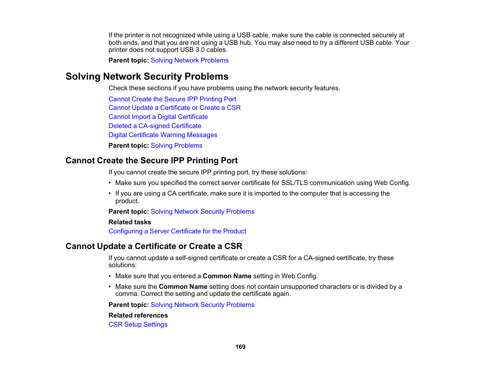 Solving network security problems, Cannot create the secure ipp printing port, Cannot update a certificate or create a csr | Epson WorkForce Pro WF-C4310 Wireless Color Printer User Manual | Page 169 / 209