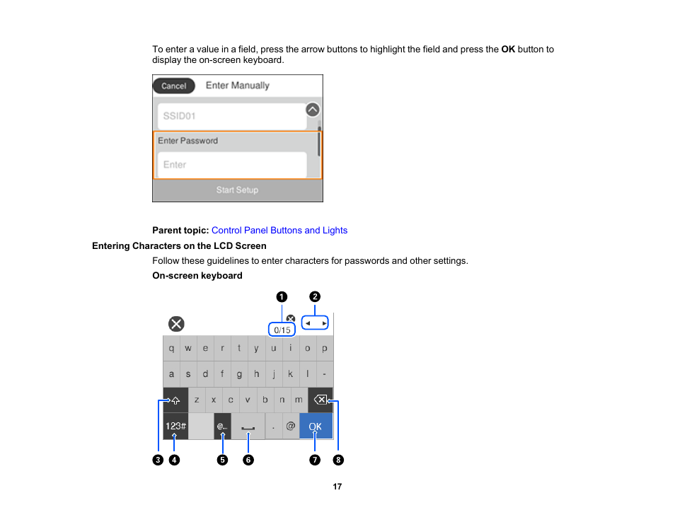 Entering characters on the lcd screen | Epson WorkForce Pro WF-C4310 Wireless Color Printer User Manual | Page 17 / 209