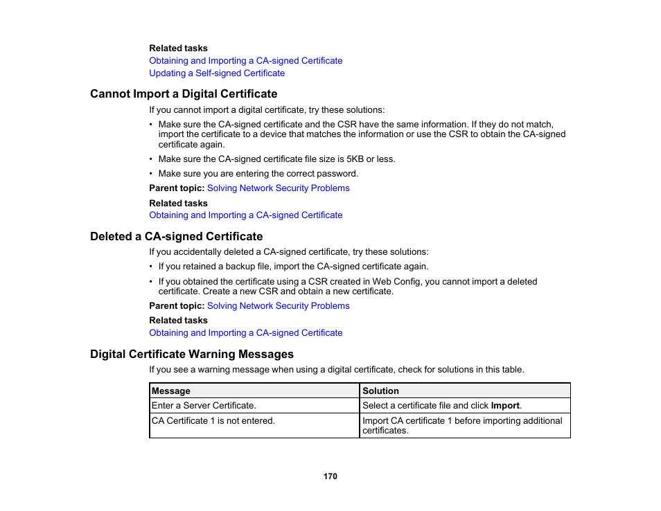 Cannot import a digital certificate, Deleted a ca-signed certificate, Digital certificate warning messages | Epson WorkForce Pro WF-C4310 Wireless Color Printer User Manual | Page 170 / 209