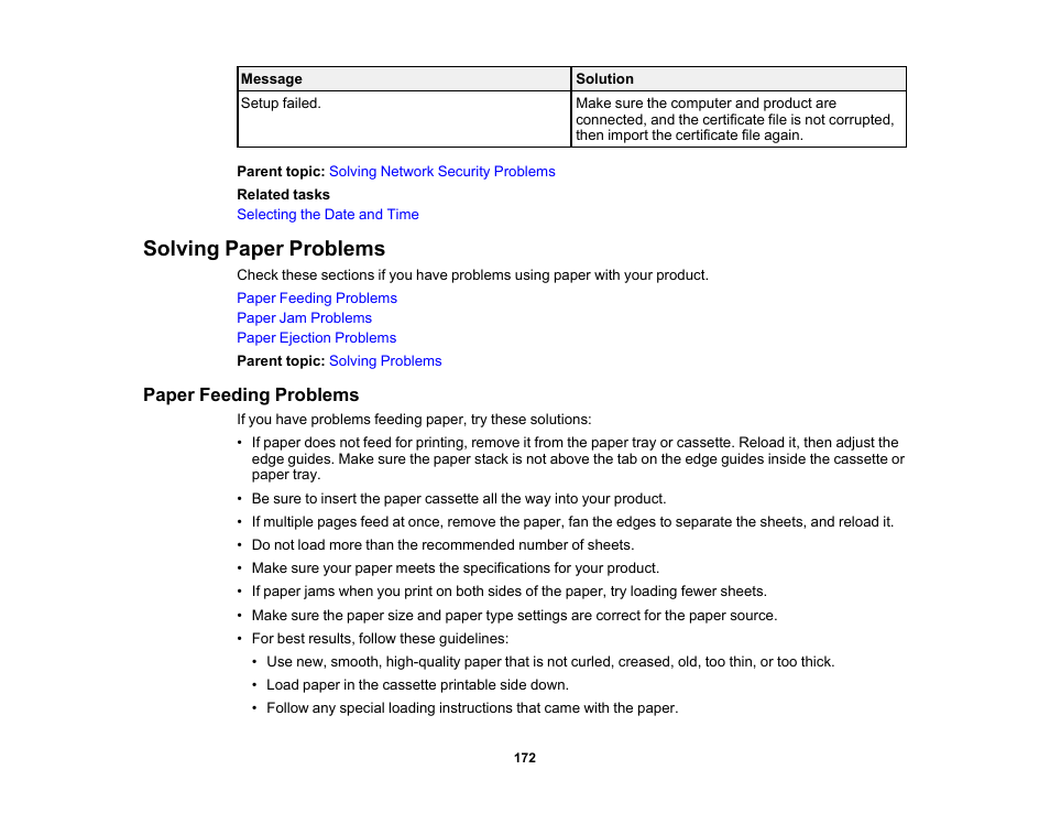 Solving paper problems, Paper feeding problems | Epson WorkForce Pro WF-C4310 Wireless Color Printer User Manual | Page 172 / 209
