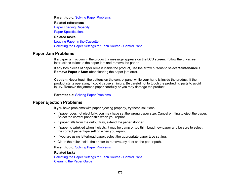 Paper jam problems, Paper ejection problems, Paper jam problems paper ejection problems | Epson WorkForce Pro WF-C4310 Wireless Color Printer User Manual | Page 173 / 209