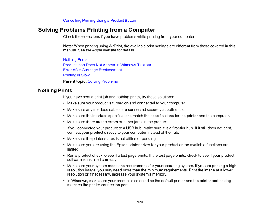 Solving problems printing from a computer, Nothing prints | Epson WorkForce Pro WF-C4310 Wireless Color Printer User Manual | Page 174 / 209