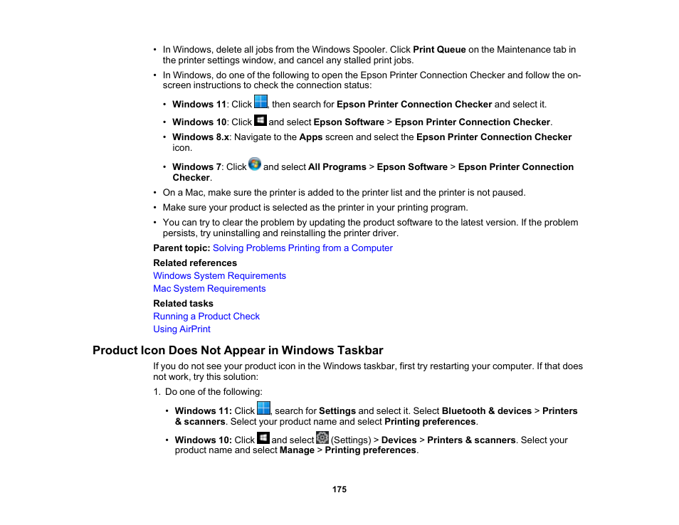 Product icon does not appear in windows taskbar | Epson WorkForce Pro WF-C4310 Wireless Color Printer User Manual | Page 175 / 209