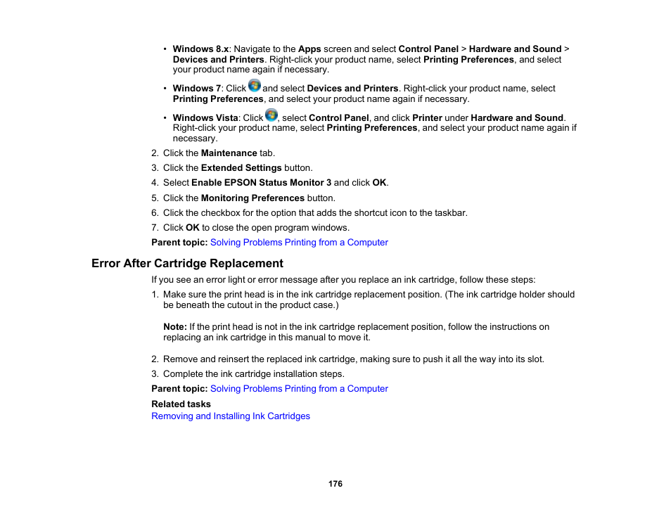 Error after cartridge replacement | Epson WorkForce Pro WF-C4310 Wireless Color Printer User Manual | Page 176 / 209