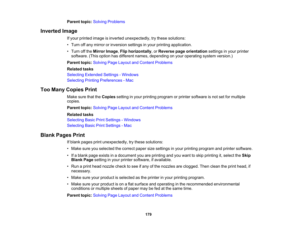 Inverted image, Too many copies print | Epson WorkForce Pro WF-C4310 Wireless Color Printer User Manual | Page 179 / 209