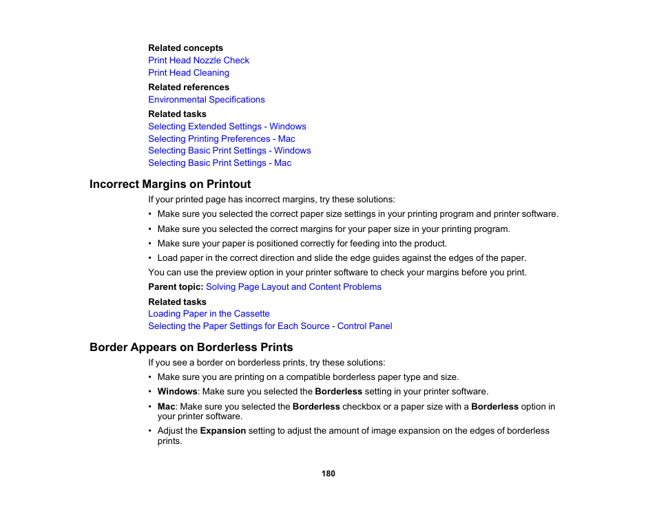 Incorrect margins on printout, Border appears on borderless prints | Epson WorkForce Pro WF-C4310 Wireless Color Printer User Manual | Page 180 / 209