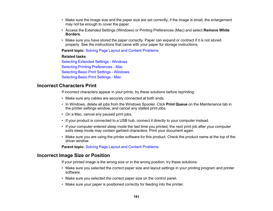 Incorrect characters print, Incorrect image size or position | Epson WorkForce Pro WF-C4310 Wireless Color Printer User Manual | Page 181 / 209