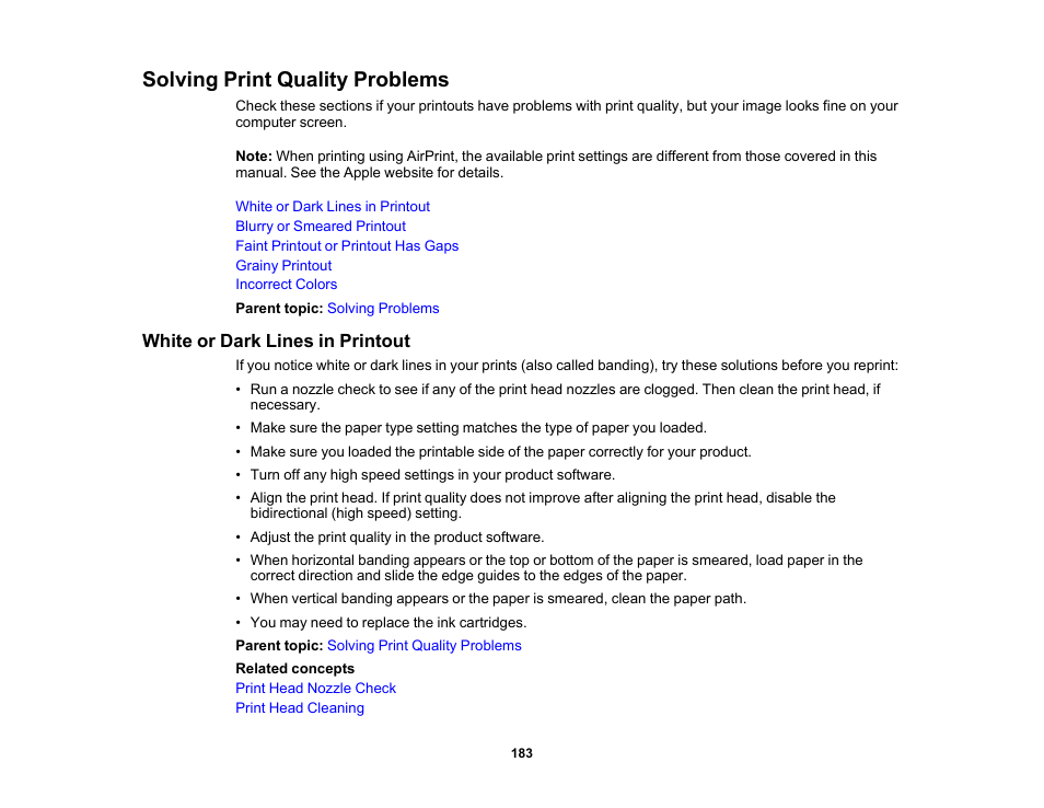 Solving print quality problems, White or dark lines in printout | Epson WorkForce Pro WF-C4310 Wireless Color Printer User Manual | Page 183 / 209