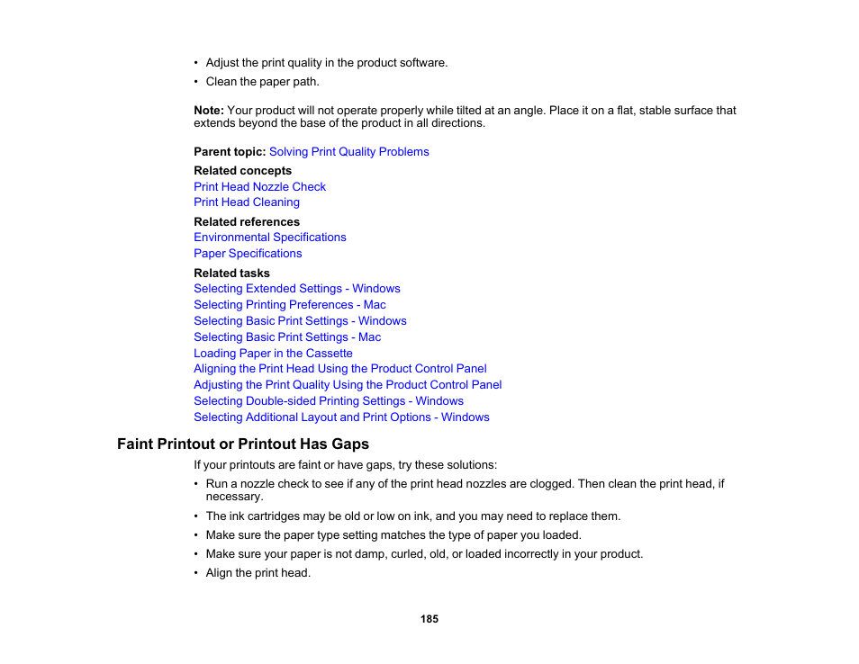 Faint printout or printout has gaps | Epson WorkForce Pro WF-C4310 Wireless Color Printer User Manual | Page 185 / 209