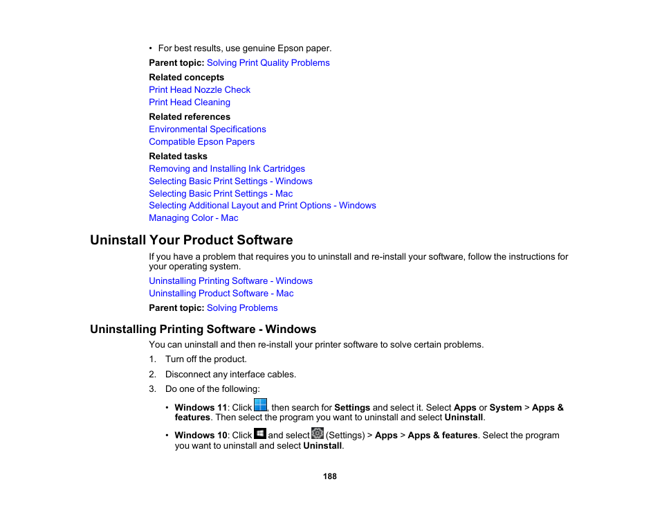 Uninstall your product software, Uninstalling printing software - windows | Epson WorkForce Pro WF-C4310 Wireless Color Printer User Manual | Page 188 / 209