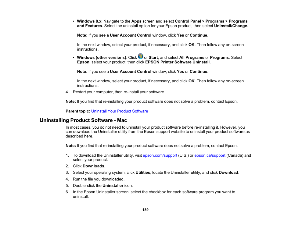 Uninstalling product software - mac | Epson WorkForce Pro WF-C4310 Wireless Color Printer User Manual | Page 189 / 209