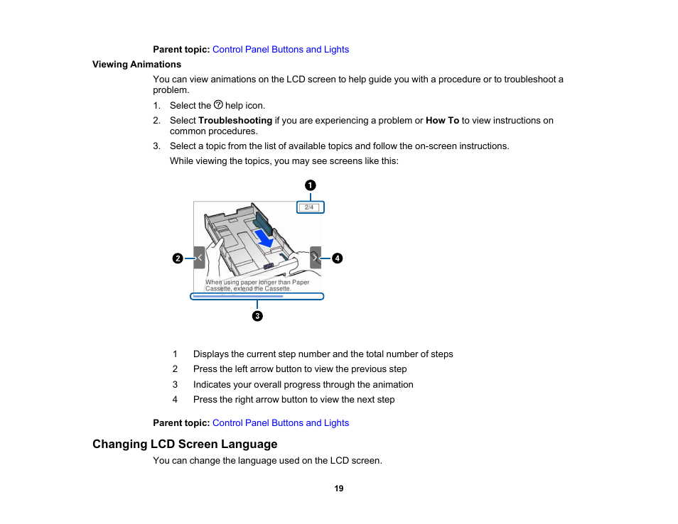 Viewing animations, Changing lcd screen language | Epson WorkForce Pro WF-C4310 Wireless Color Printer User Manual | Page 19 / 209