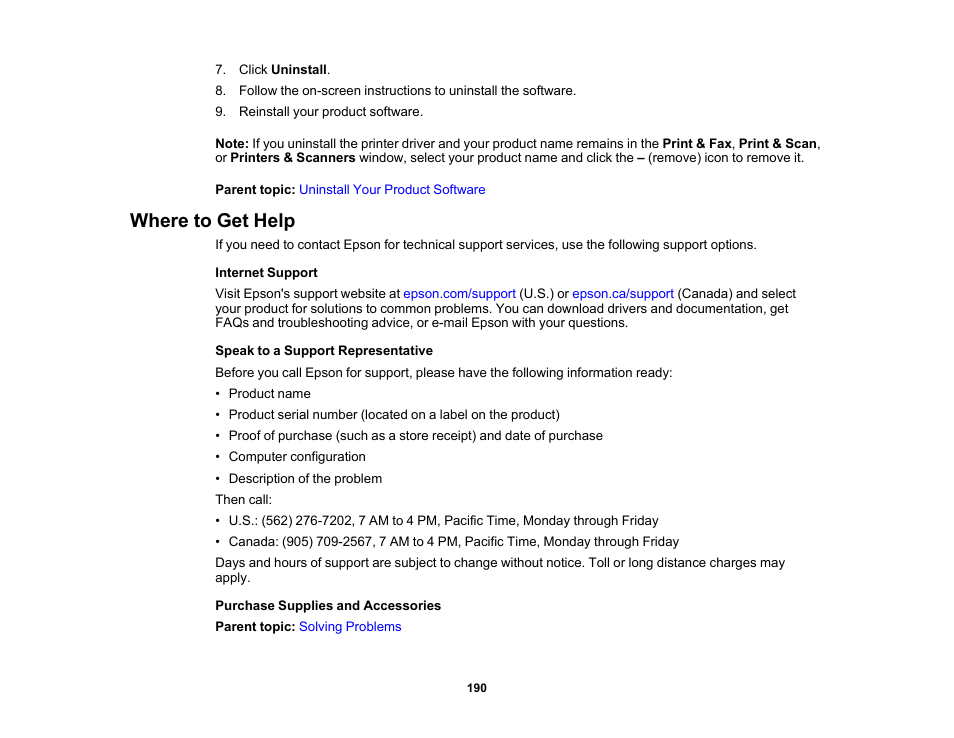 Where to get help | Epson WorkForce Pro WF-C4310 Wireless Color Printer User Manual | Page 190 / 209
