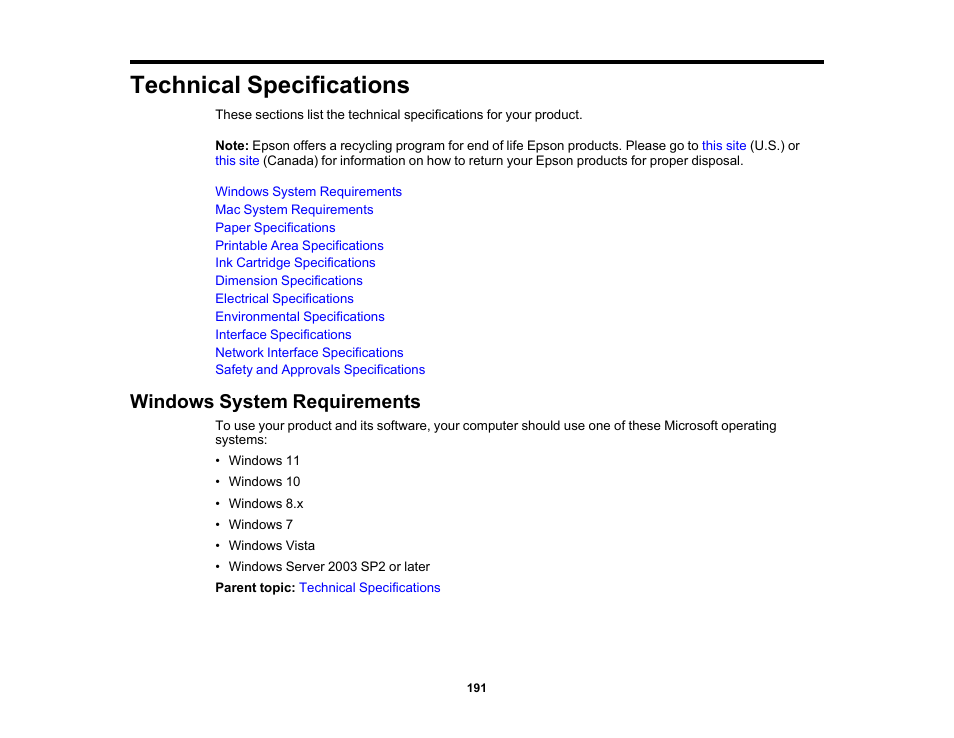 Technical specifications, Windows system requirements | Epson WorkForce Pro WF-C4310 Wireless Color Printer User Manual | Page 191 / 209