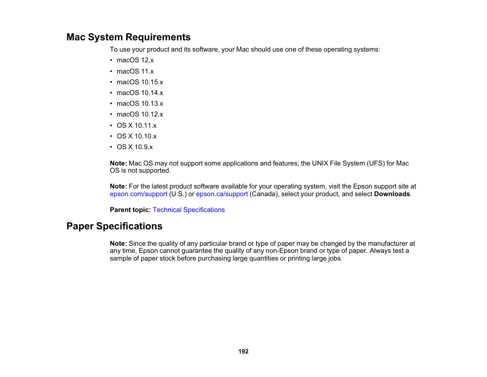 Mac system requirements, Paper specifications, Mac system requirements paper specifications | Epson WorkForce Pro WF-C4310 Wireless Color Printer User Manual | Page 192 / 209